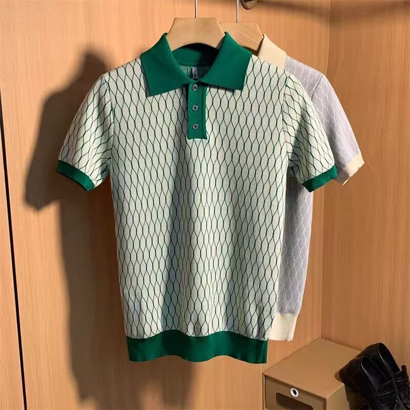 Light luxury polo shirt men's summer thin ice silk men's high-end sense grid pattern contrast color short sleeve T-shirt manufacturers wholesale
