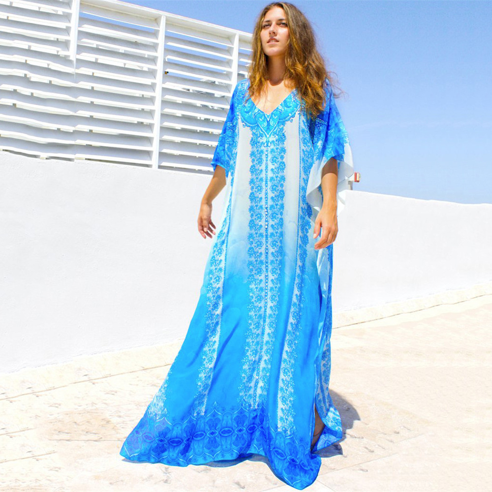 Camiseta de playa explosiva azul blanco impresión de posición túnica de vacaciones camiseta de protección solar bikini playa 1D62