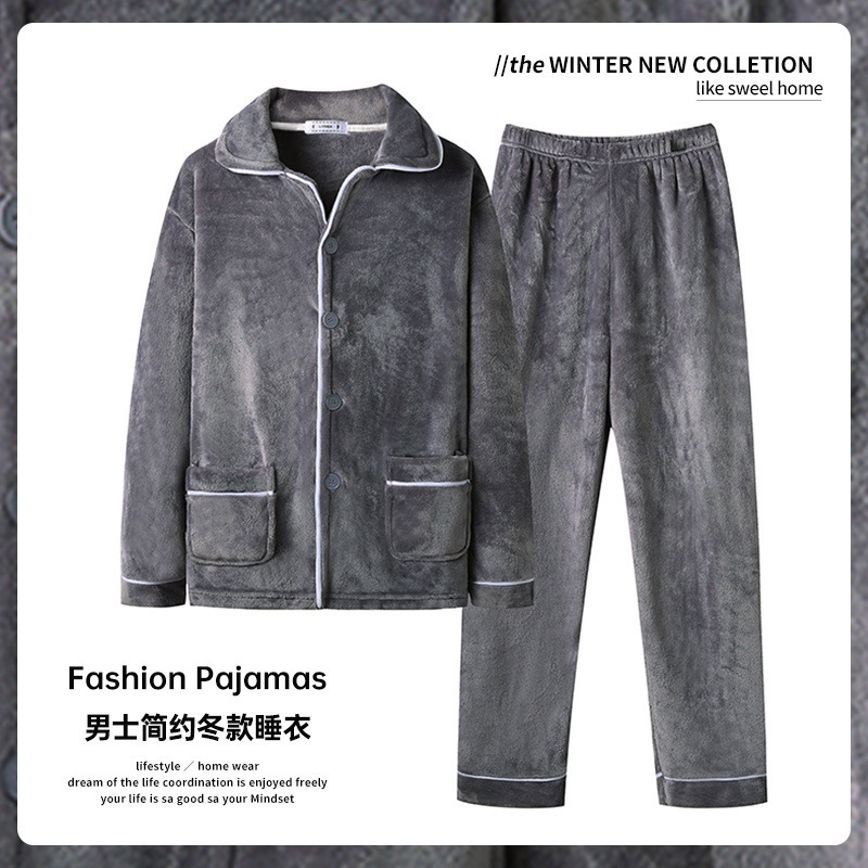 Otoño y invierno para hombres pijamas de terciopelo de coral gruesas con terciopelo de calor de manga larga franellas set de ropa de hogar se puede usar fuera