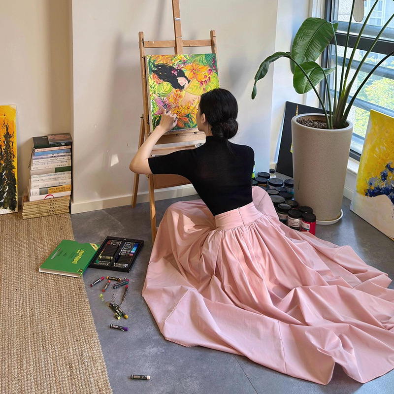 Bridge in the Sky French-Style Pink High-Waisted Pleated Skirt for Women, Autumn Slimming Elegant Flared Umbrella Long Skirt