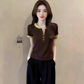 半开领短袖T恤女2026夏新款修身显瘦百搭上衣