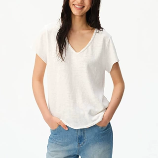 F Clean Expln “慵懒周末”松弛感V领毛边短袖T恤女休闲上衣