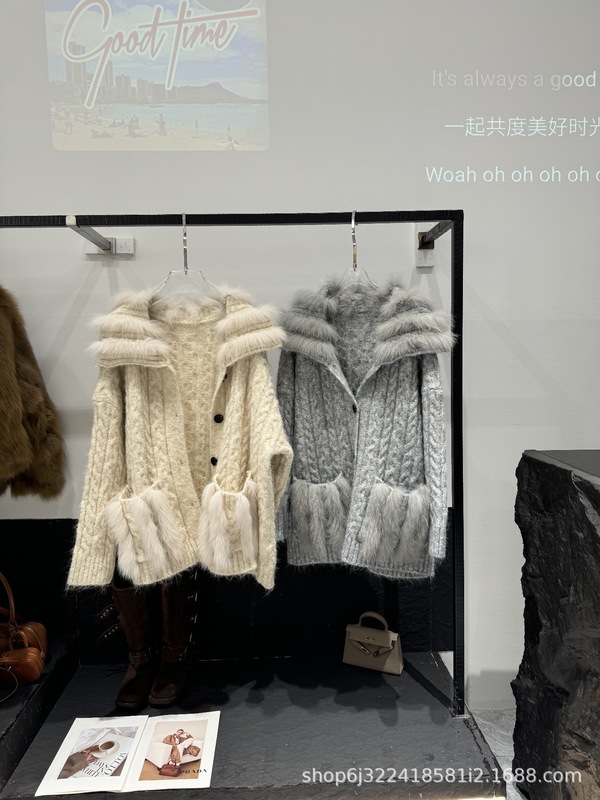 黁白麻花海军领狐狸毛毛衣皮草开衫女宽松百搭中长款女装加厚|undefined