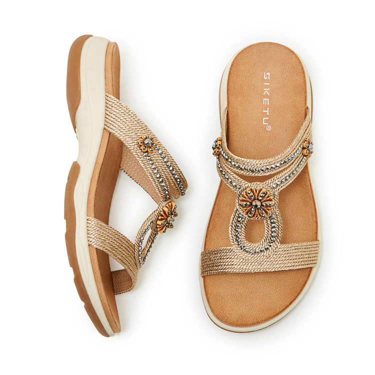 Dép sandal nữ quai chữ V đế xuồng thêu điện bohemian — Champagne màu, màu đen, màu hồng chi tiết 30