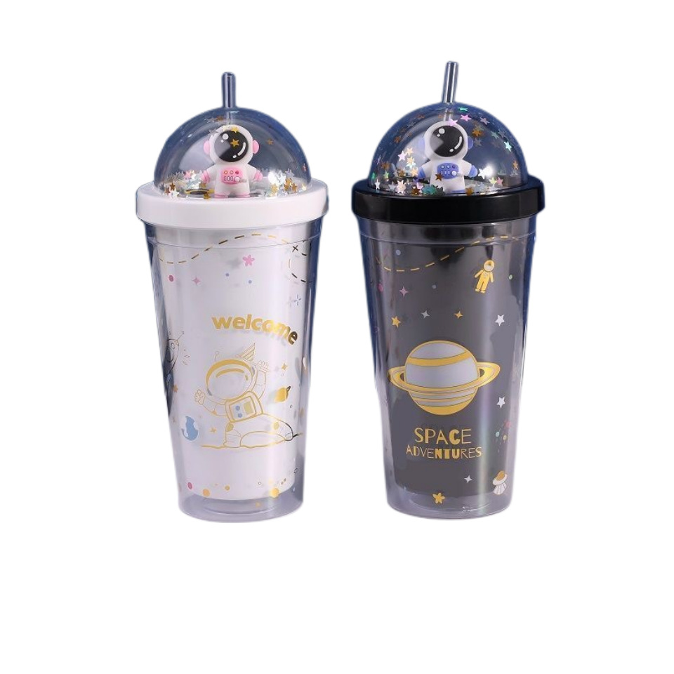 Nuevo espacio lindo astronauta muñeca paja taza Internet celebridad verano hielo taza de dibujos animados lindo doble capa taza de plástico