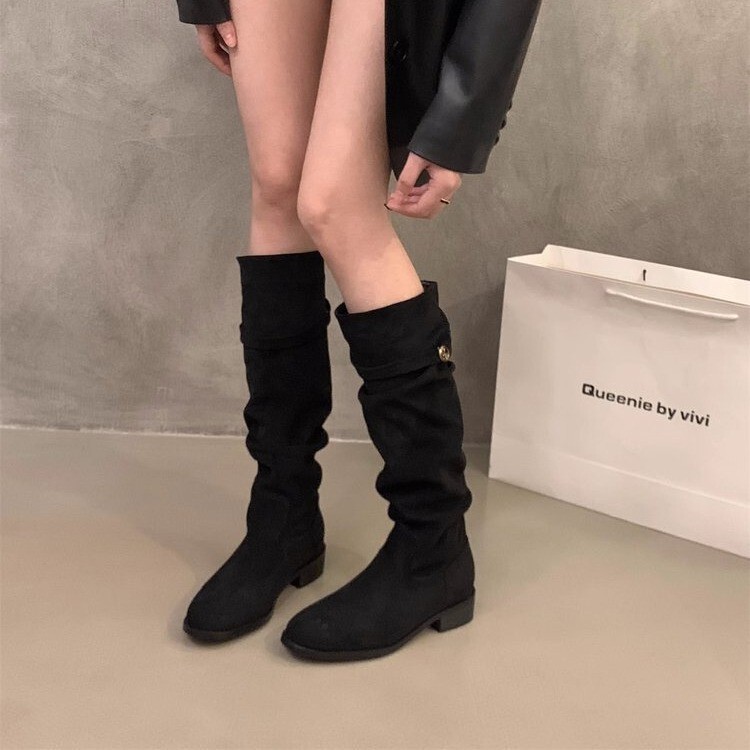 French-Style Chunky Heel Apricot Suede Slouch Boots for Women 2025 New Spring, Autumn, and Winter Versatile Slim Long Boots