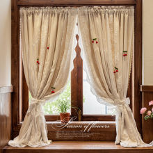 法式新款遮光窗帘卧室奶油公主蕾丝双层蝴蝶一体打孔客厅飘窗门帘