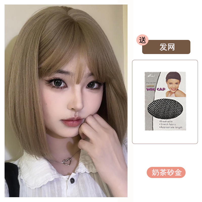 Short Bob Wig for Women, Full Headpiece, Realistic Breathable Short Straight Hair Wig with Full Bangs, Makes Face Look Smaller
