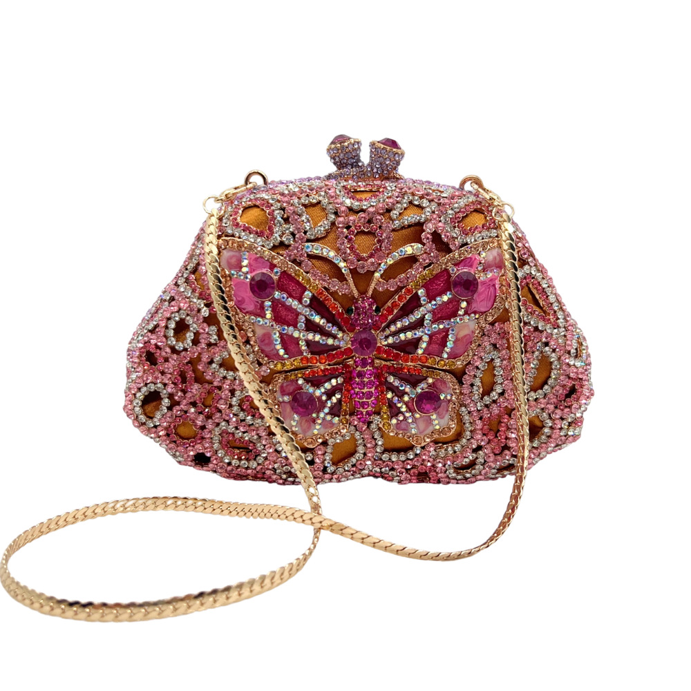 Túi clutch nữ cầm tay đính pha lê hình bướm thủ công dự tiệc — Màu hồng vàng kim, Màu tím hồng, Màu hồng, Màu bạc chi tiết 1