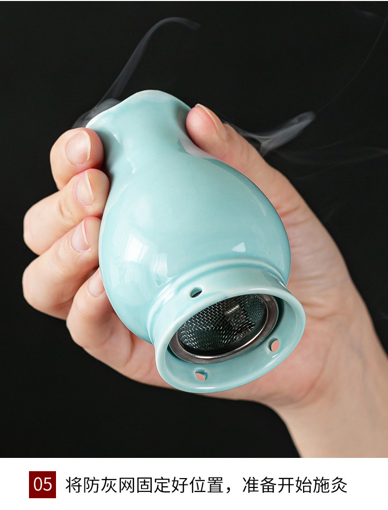 Ceramic Moxa Jar Small Neck Warming Tool with Cloth Sleeve and Ash Guard for Home Moxibustion specifications