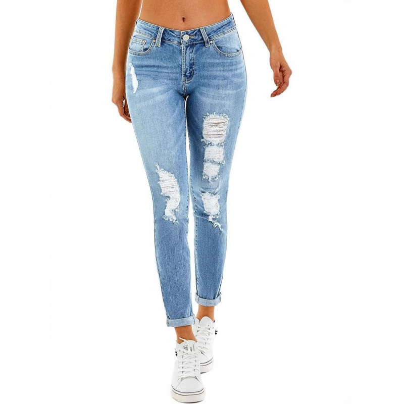 2025 New Amazon Cross-border European and American Fashion Low Waist Elastic Foot Hole Denim Trousers Women's in stock Women