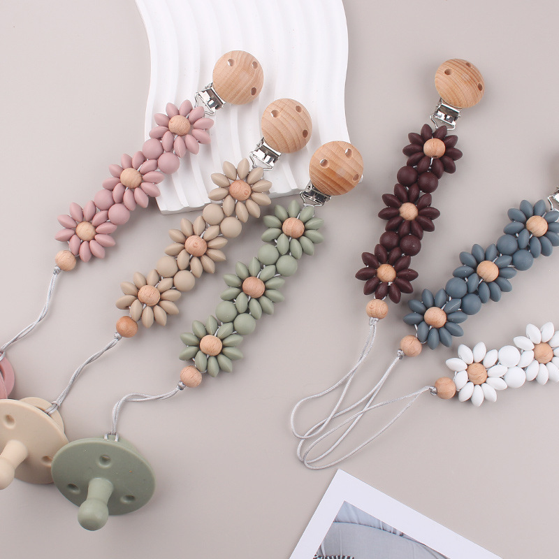 Nuevos productos para bebés, clip de chupete redondo de madera de haya, reconforta la cadena de chupete de silicona de girasol del bebé