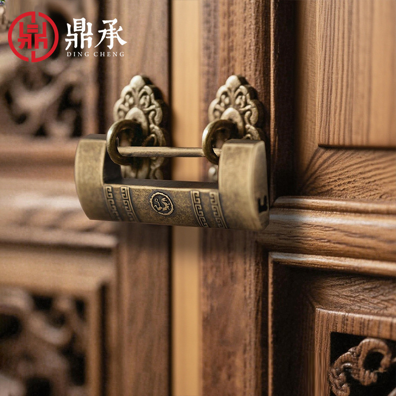老式纯黄铜庭院门锁首饰木箱横开挂锁仿古代中式通开柜子全铜小锁|undefined