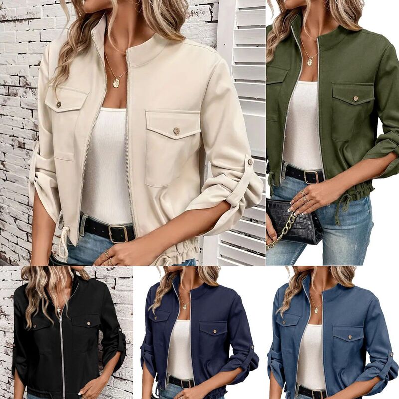 Women's lightweight stand-up collar aviator jacket – stylish zip-up flight jacket with decorative front pockets and