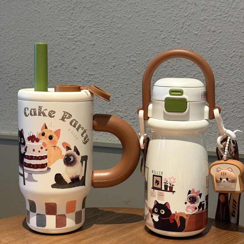 迪乐贝尔猫咖保温杯高颜值316内胆口袋小巧便携卡通吸管杯冰霸杯|undefined