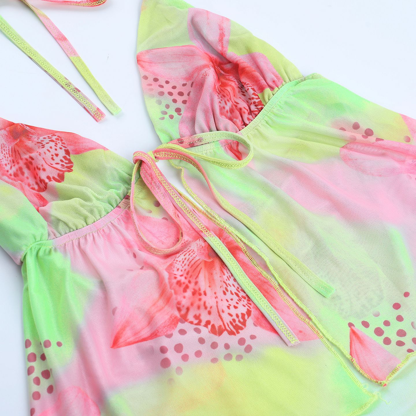 Summer Seaside Vacation Printing Color Contrast Lace up Halterneck Hollow Out Cutout Camisole Women