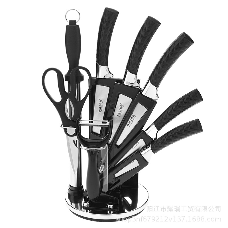 Spot patrón de diamante mango asiento giratorio juego de nueve piezas cuchillo de cocina juego completo juego de cuchillos de cocina para el hogar de acero inoxidable