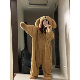 可爱卡通搞怪小熊连体珊瑚绒睡衣女秋冬2026新款情侣保暖家居服潮