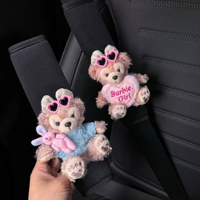 Seat belt shoulder pad: Pad Anti-Strangling Neck Protector for - sweet-faced-blue-pink-bear-hugging-heart-pieces-2-black-shoulder-pads