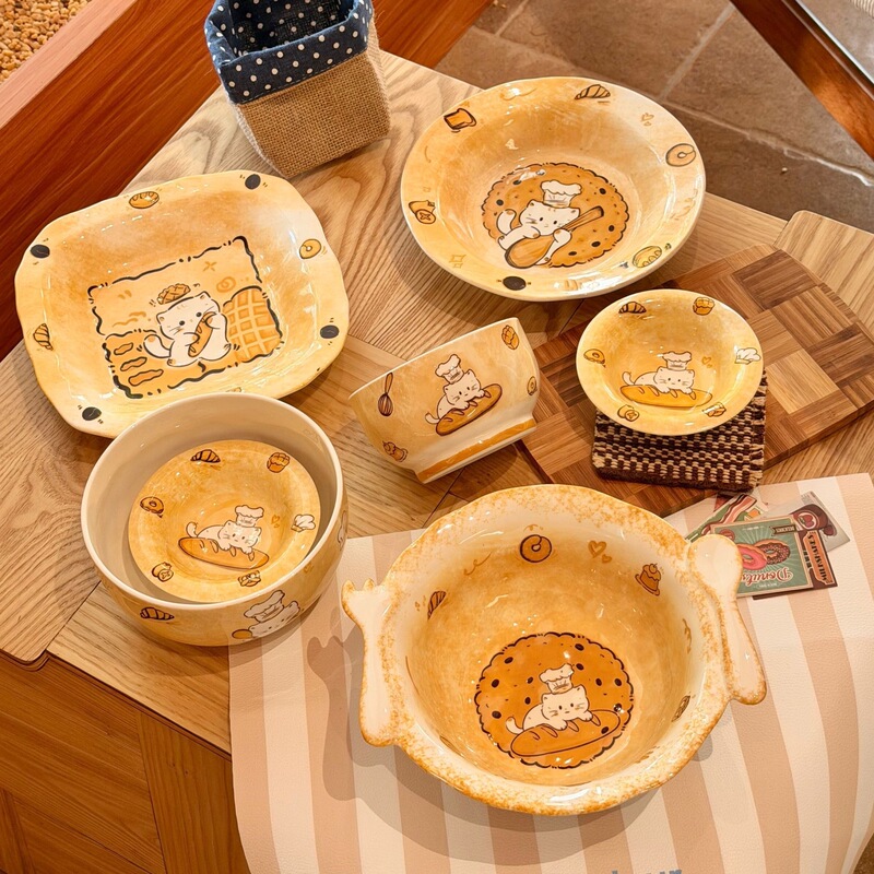 Little Mi Bakery Cartoon Ceramic Bowl and Plate Set, High-Quality Underglaze Color, Cute Plates and Bowls for Individual Use, Tableware
