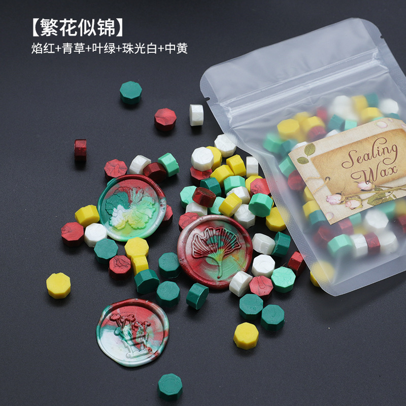 Ocho-lado fuego pintura cera grano mezclado color 35g bolsa de embalaje fuego pintura cera sello al por mayor sobre DIY mano cuenta de sellado Uso de cera