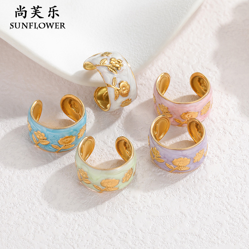 Cross-Border New Vintage-Style Hand-Painted Floral Open Ring, Niche Light Luxury High-End Dopamine Ring Wholesale