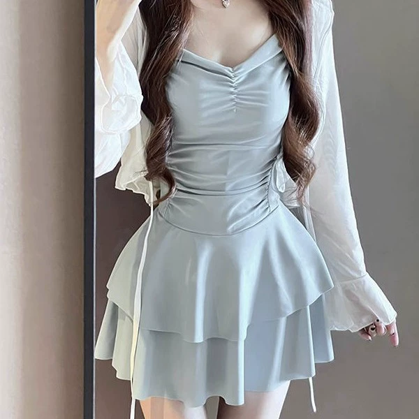 Молочный макаронно-синий купальник для девочек, женский цельный купальник в стиле чистой страсти, с открытой спиной и бантом, милый с подушечками для груди