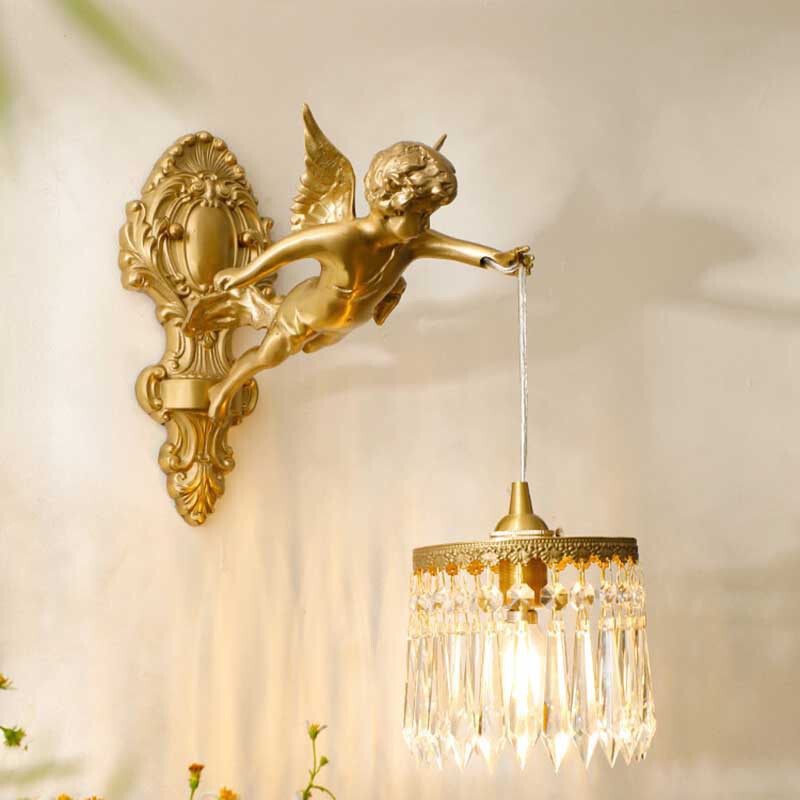 French Retro Crystal Background Wall Brass Wall Lamp American Angel Bedside Wall Lamp