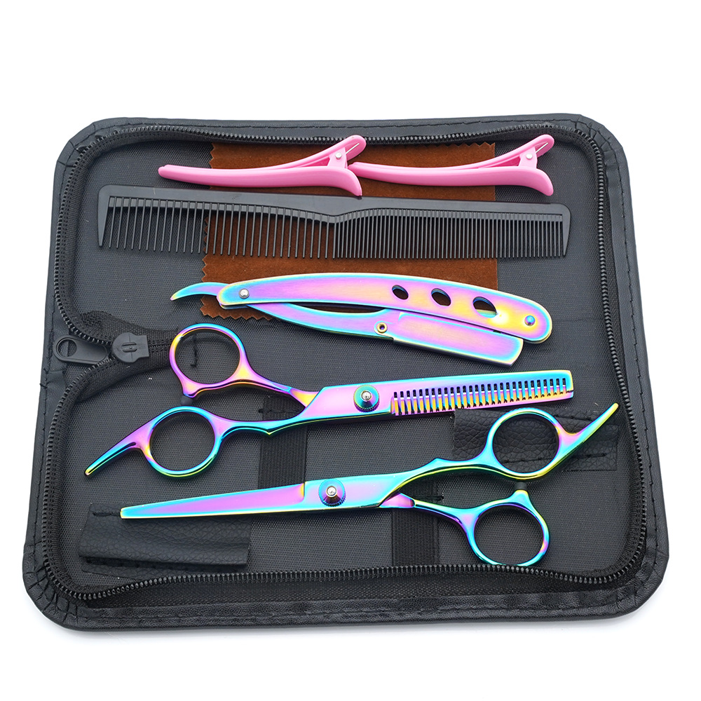 Tijeras de peluquería de 6 pulgadas, negras y doradas, con mango inclinado y de alta calidad, juego de tijeras de peluquería al por mayor para cortar el cabello.