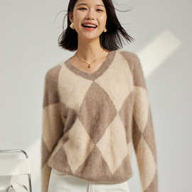 100纯山羊绒拉毛嵌花拼色V领羊绒衫女针织套头加厚拉绒毛衣外穿