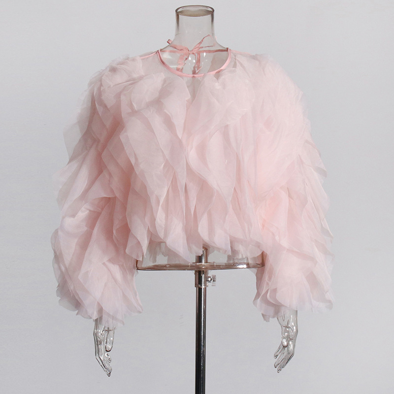 K Elegant Temperament Short Solid Color Top New High-end Round Neck Multi-layer Ruffle Edge Splicing Shirt_voghion.com