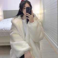 2025年冬季新款韩版保暖通勤休闲中长款连帽仿羊羔毛外套韩系女