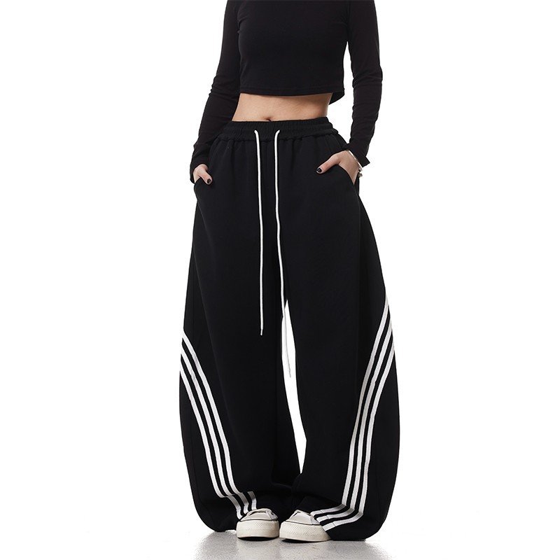 美式复古街头三条杠阔腿弯刀卫裤男女春秋新款宽松直筒条纹运动裤