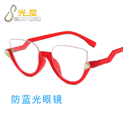 Half-frame rhinestone vintage plain glasses  European and American cat-eye trendy anti-blue light eyeglass frames ins eyewear frames