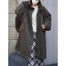 卢浮冬季新款日系时髦工装风立领腰部抽绳长款大衣夹棉保暖外套女