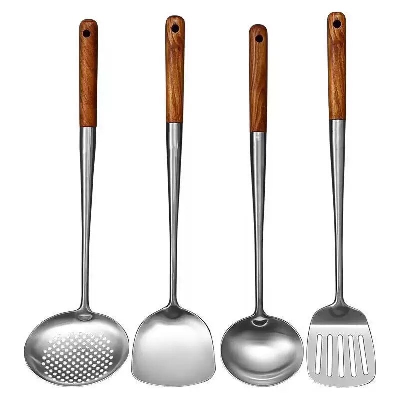 卸売 304 ステンレス鋼延長ハンドルスパチュラスプーンキッチン家庭用スプーンセットホテルシェフローズウッド|undefined