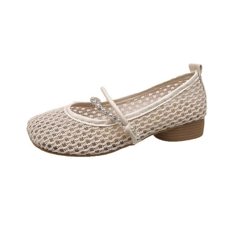 Zapatos de tacón grueso de un solo pie, zapatos de mujer, 2026 nuevos zapatos de verano franceses agujerados sandalias de tela de talón bajo