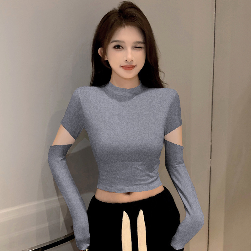螺纹黑色半高领打底衫女春秋内搭针织短款长袖t恤破洞紧身上衣潮|undefined