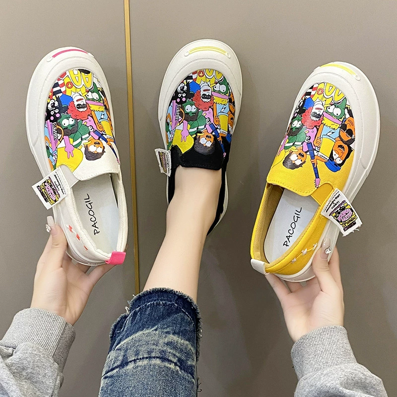 Белые туфли с принтом в гонконгском стиле, женская летняя новая стильная ленивая повседневная обувь без шнуровки, женская обувь на платформе с нишевым дизайном