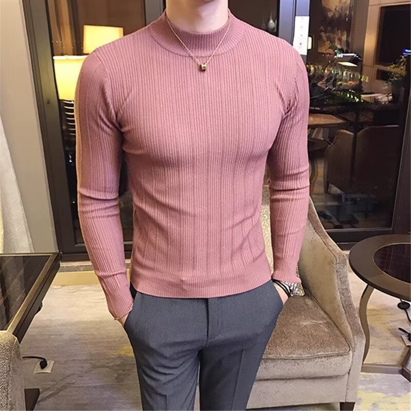 Men's British Style Slim Fit Turtleneck Sweater Korean Style Knitwear Casual Striped Base Layer Autumn New Versatile_viptrois.com