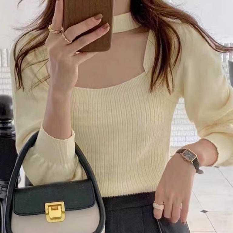 Early autumn square collar collarbone-leaking hot girl knitted top women's design sense niche bubble shoulder bottoming shirt Women