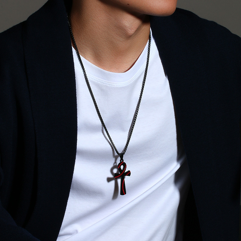 Nuovi accessori in metallo alla moda maschile con motivo baseball Anka Cross Pendant Collana nera_voghion.com