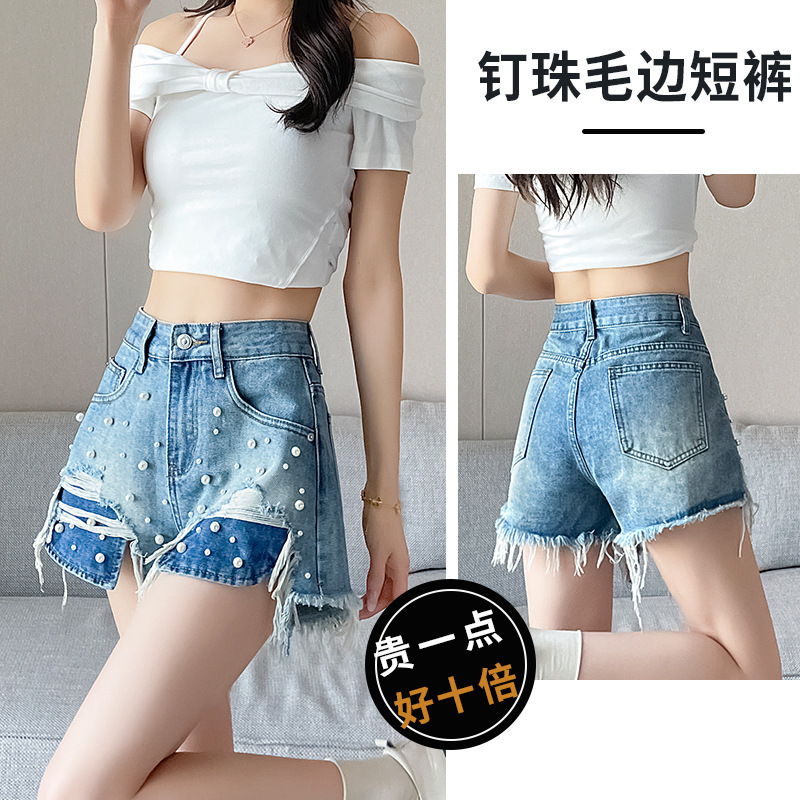 Ram Beaded Denim Shorts Women's Summer Thin 2025 New High Waist Loose Tassel Spice Girls Wide Leg Hot Pants