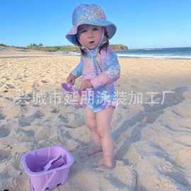 新款沙滩长袖防晒女宝宝冲浪服 连体彩色荷叶边小童 2-5岁泳衣女
