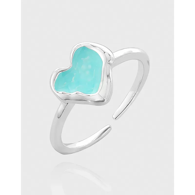 JZ572韩版INS原创小众个性设计心形爱心蓝色滴胶质感纯银戒指S925