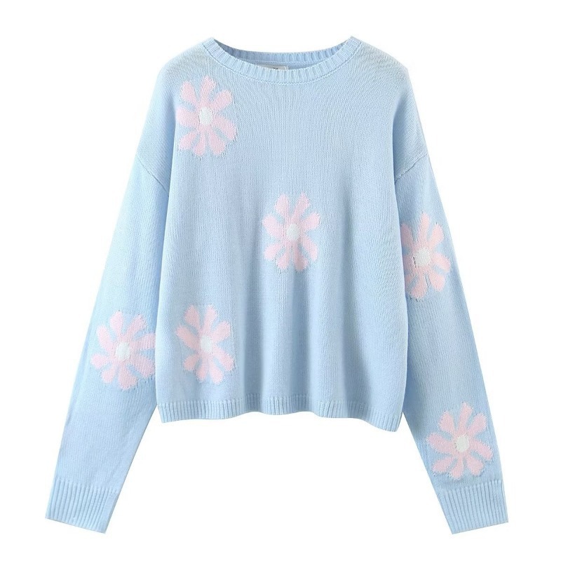 Round neck flower long sleeves loose pullover sweater NSXDX135758