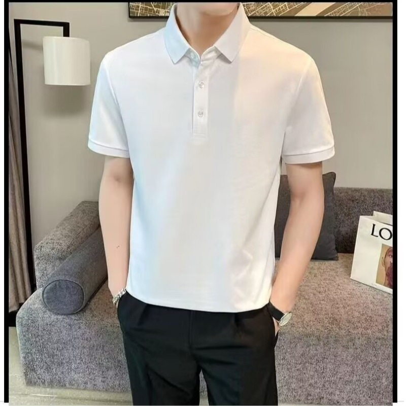 Camiseta Polo de manga curta masculina de verão, em seda de leite, cor pura simples, com aparência emagrecedora e leve, madura e fina.