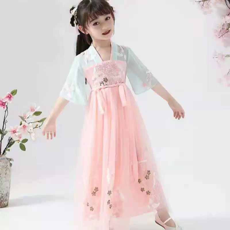 Платье для девочек, летнее платье принцессы в западном стиле для маленькой девочки, Детская летняя детская одежда с короткими рукавами ханьфу, модная юбка