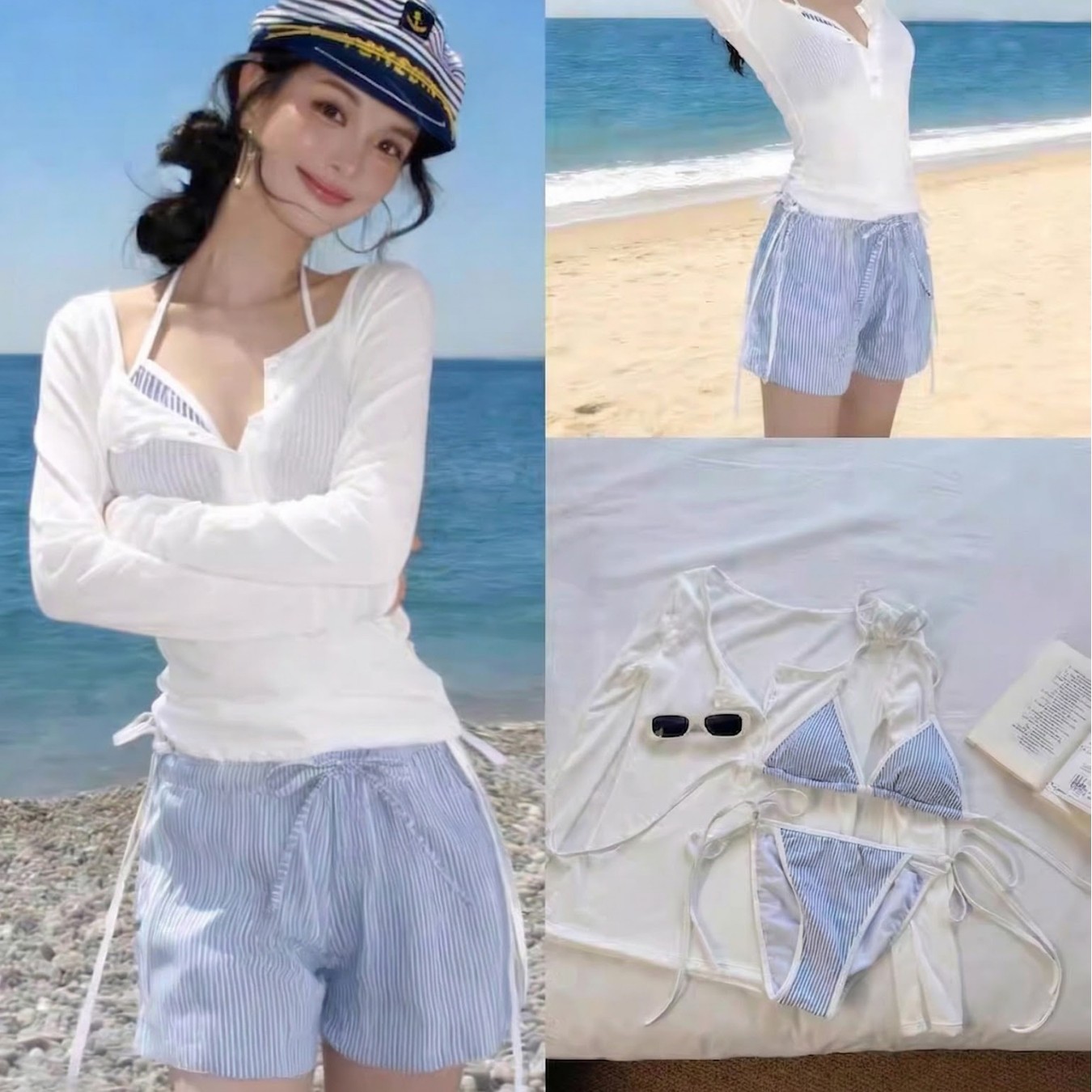 【Rixsg】Korean-Style Girl Bikini Four-Piece Set with Long-Sleeve Cover-Up, Pure Desire Style for Vacation and Hot Springs, Suitable for Small Busts