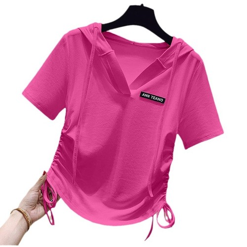 Ice Silk Hooded Short Sleeve T-shirt Women's New Summer Fashion Versatile Asymmetrical Drawstring Short Top Underwear